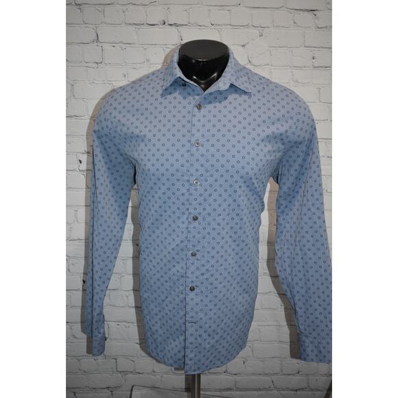 Express Shirt Men Size Large Stretch Slim Fit Blue Geometric Dress Nylon Spandex - Picture 2 of 7